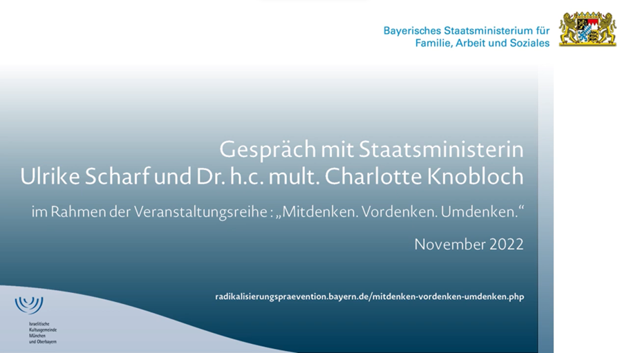 Wie gestaltet sich Jüdisches Leben in Bayern? Welche Herausforderungen gibt es dabei? Wie können wir den Zusammenhalt stärken und Antisemitismus gemeinsam bekämpfen? Über diese Fragen und über Jüdisch sein in Bayern spricht Bayerns Sozialministerin Ulrike Scharf mit der Präsidentin der Israelitischen Kultusgemeinde München und Oberbayern Dr. h.c. mult. Charlotte Knobloch im Jüdischen Gemeindezentrum in München. 