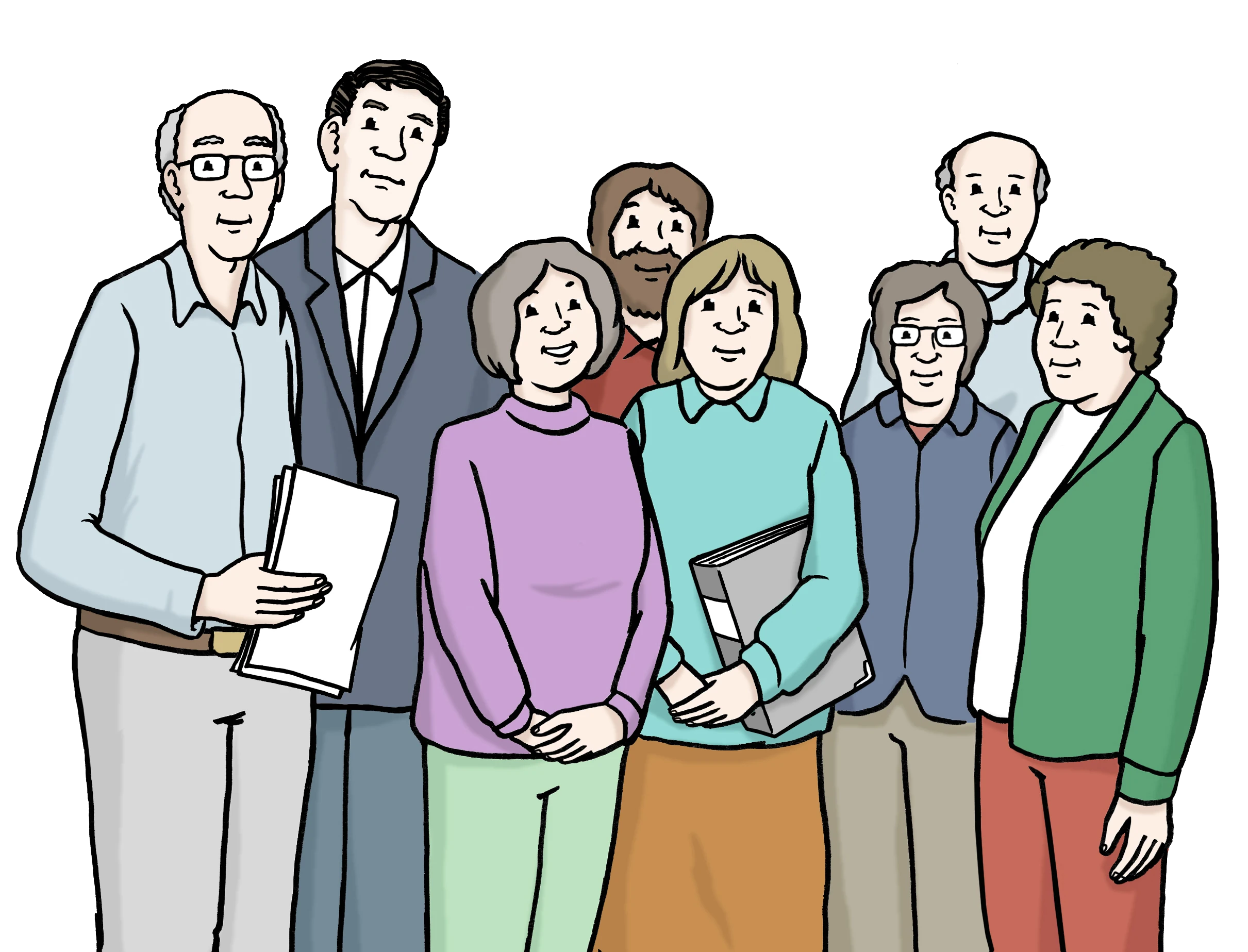 Auf dem Bild sieht man eine Gruppe von stehenden Menschen, die in deine Richtung schauen.