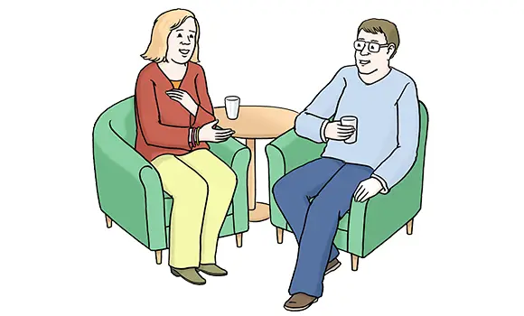 Illustration Zwei Menschen sitzen sich im Sessel gegenüber im Beratungsgespräch.