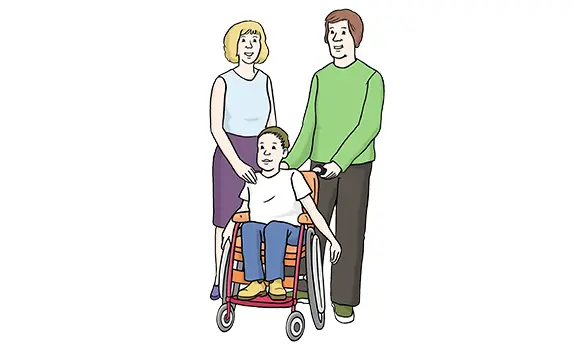 Illustration eines Kindes, welches im Rollstuhl sitzt