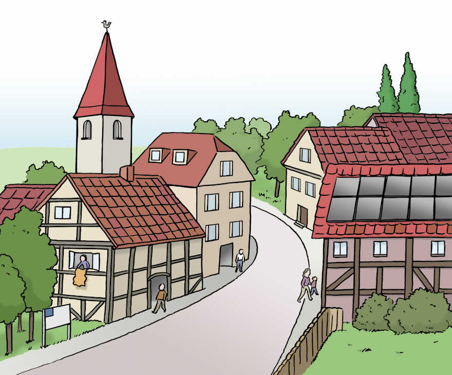 Ein Dorf mit wenigen Häusern und einer Kirche