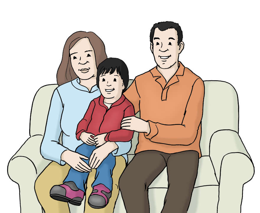 Das Bild zeigt einen Mann und eine Frau, die dicht nebeneinander auf einem Sofa sitzen. Die Frau einen kleinen Jungen auf dem Schoß. Der Mann legt dem Jungen die Hand auf den Arm. 