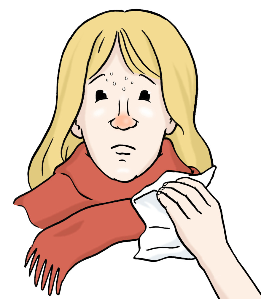 Eine Frau. Sie hat einen Schal um den Hals. Ihre Nase ist rot und sie hält ein Taschentuch in der Hand.