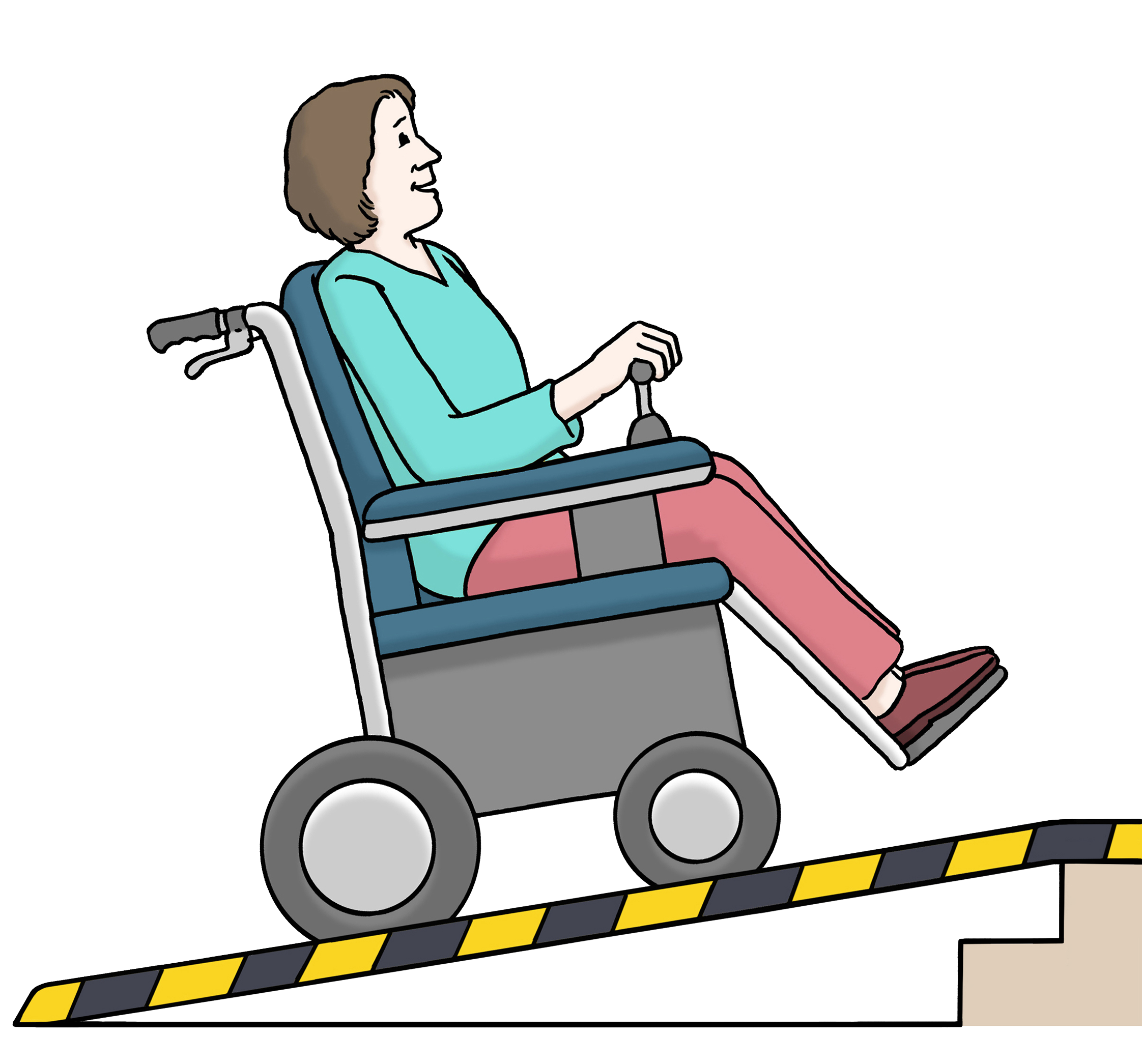 Auf dem Bild sieht man eine Person. Sie sitzt im Rollstuhl und fährt auf einer Rampe über eine Treppe