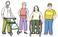 Eine Gruppe von Menschen verschiedenen Alters, mit und ohne sichtbare Behinderung