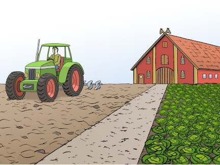 Ein Traktor pflügt einen Acker vor einem Bauernhaus