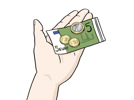Eine Hand mit einem Geldschein und drei Münzen