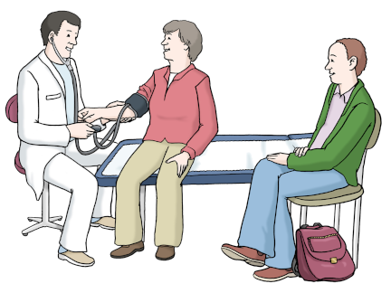 Ein Arzt misst mit einem Gerät den Blutdruck einer älteren Frau.