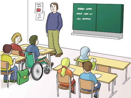 Ein Lehrer steht vor einer Klasse. Unter den Kindern ist ein Junge im Rollstuhl und ein Mädchen mit Kopftuch. 