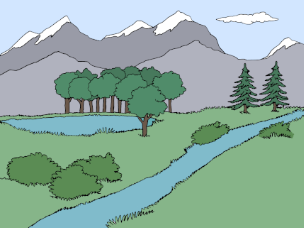Eine Landschaft mit eibnem Fluss und Bergen im Hintergrund