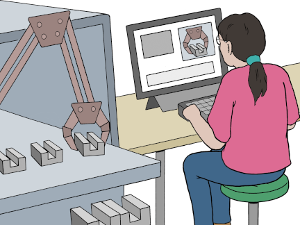 Eine Frau sitzt in einer Industriewerkstatt an einem Computer und kontrolliert am Bildschirm die Abläufe. 