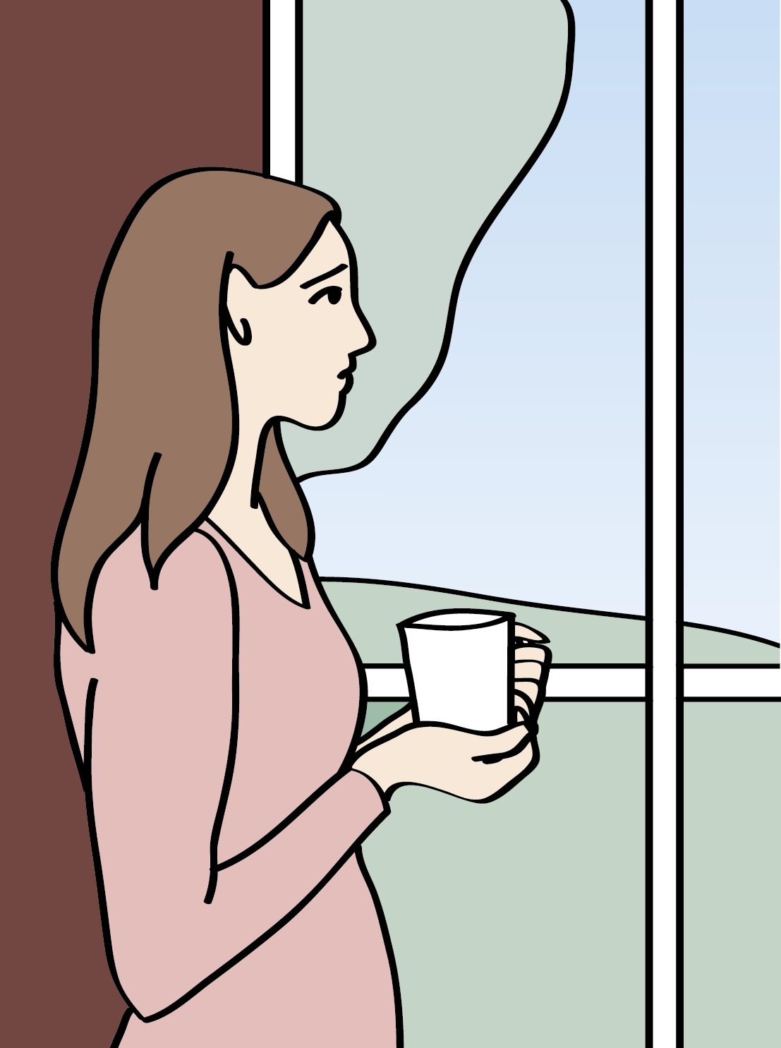 Frau mit Tasse in der Hand am Fenster