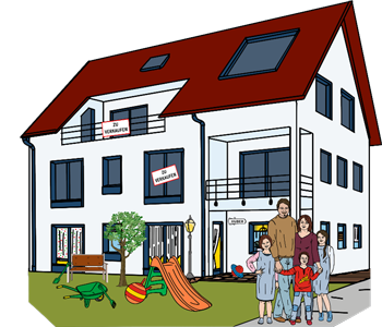 Familie vor einem Wohnhaus