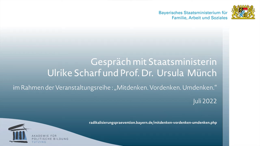 Geht wirklich ein Riss durch unsere Gesellschaft? Was hält eine Gesellschaft zusammen? Wie können wir den Zusammenhalt und das Miteinander stärken? Diese und weitere Fragen diskutiert Staatsministerin Ulrike Scharf mit Prof. Dr. Ursula Münch in der Akademie für Politische Bildung in Tutzing.