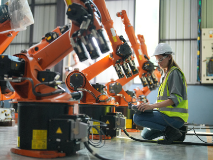 Ein Frau arbeitet mit einem Produktionsroboter